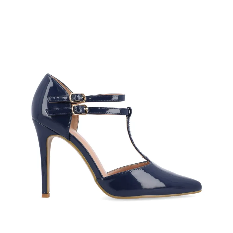 TRU T-STRAP STILETTO PUMP HEELS IN PATENT - Navy Nubuck sold by Journee Collection