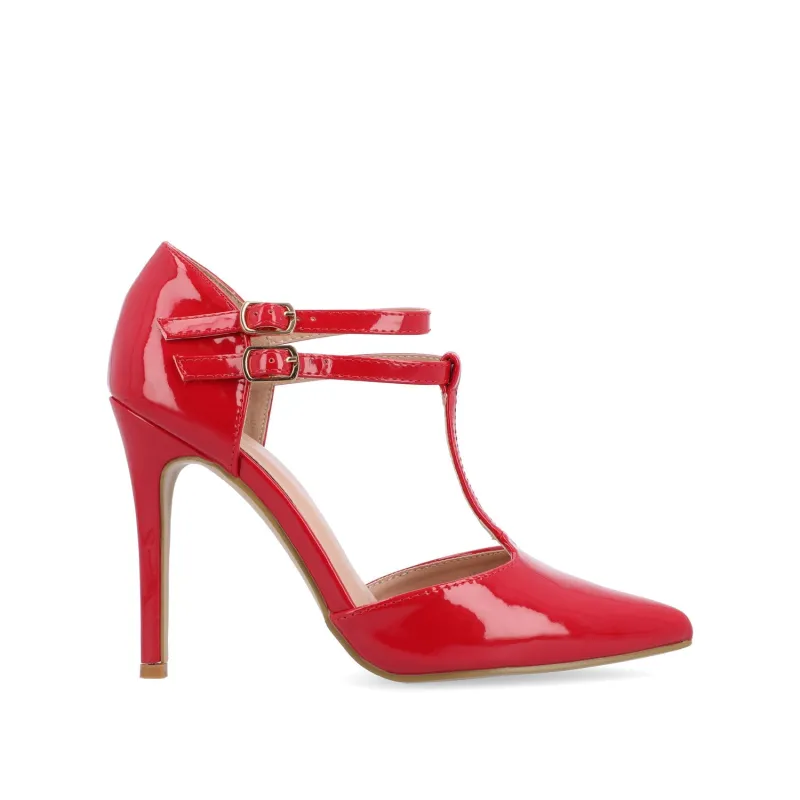 TRU T-STRAP STILETTO PUMP HEELS IN PATENT - Red sold by Journee Collection