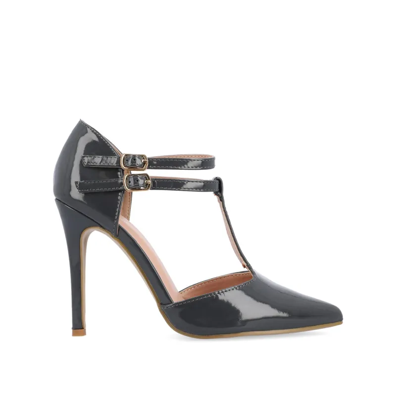 TRU T-STRAP STILETTO PUMP HEELS IN PATENT - Grey sold by Journee Collection