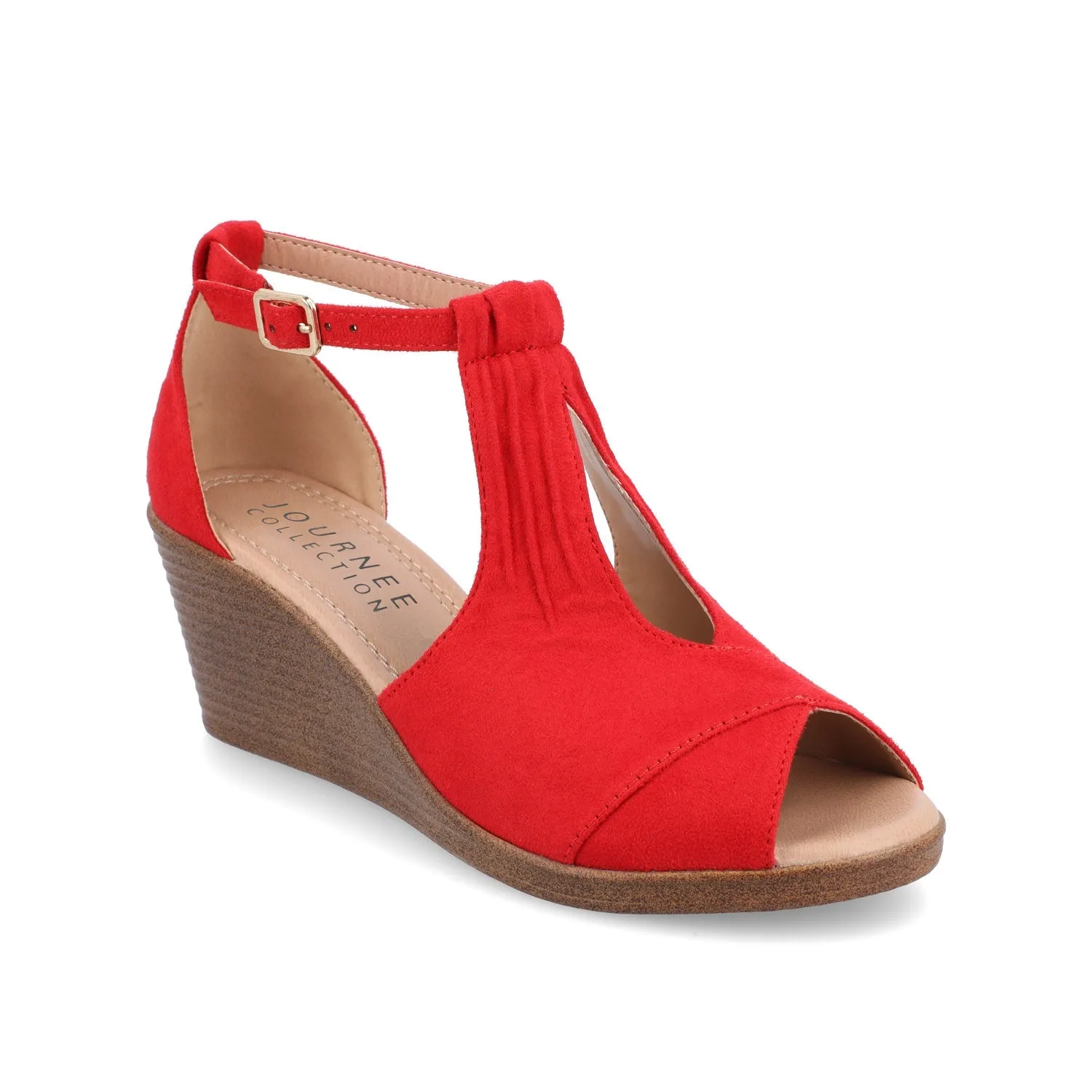 KEDZIE WEDGE HEELED SANDALS IN FAUX SUEDE - Red Faux Suede sold by Journee Collection product image thumbnail 3
