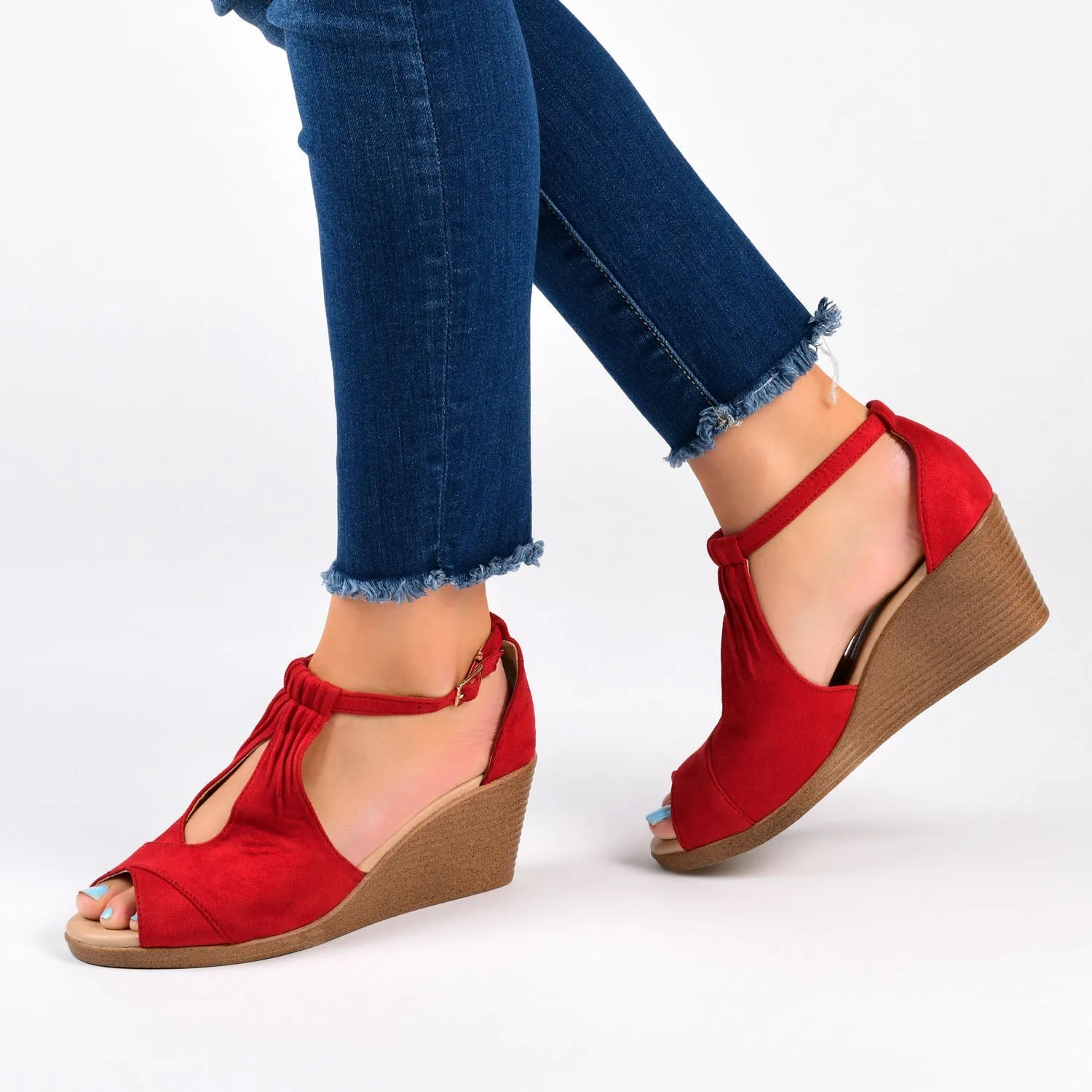KEDZIE WEDGE HEELED SANDALS IN FAUX SUEDE - Red Faux Suede sold by Journee Collection product image thumbnail 2