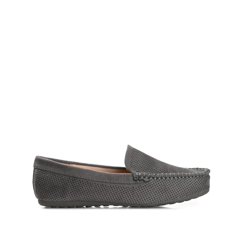 HALSEY MOC TOE LOAFER FLATS IN FAUX SUEDE - Grey sold by Journee Collection