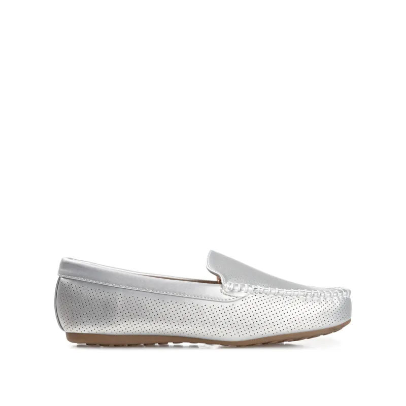 HALSEY MOC TOE LOAFER FLATS IN FAUX SUEDE - Silver sold by Journee Collection