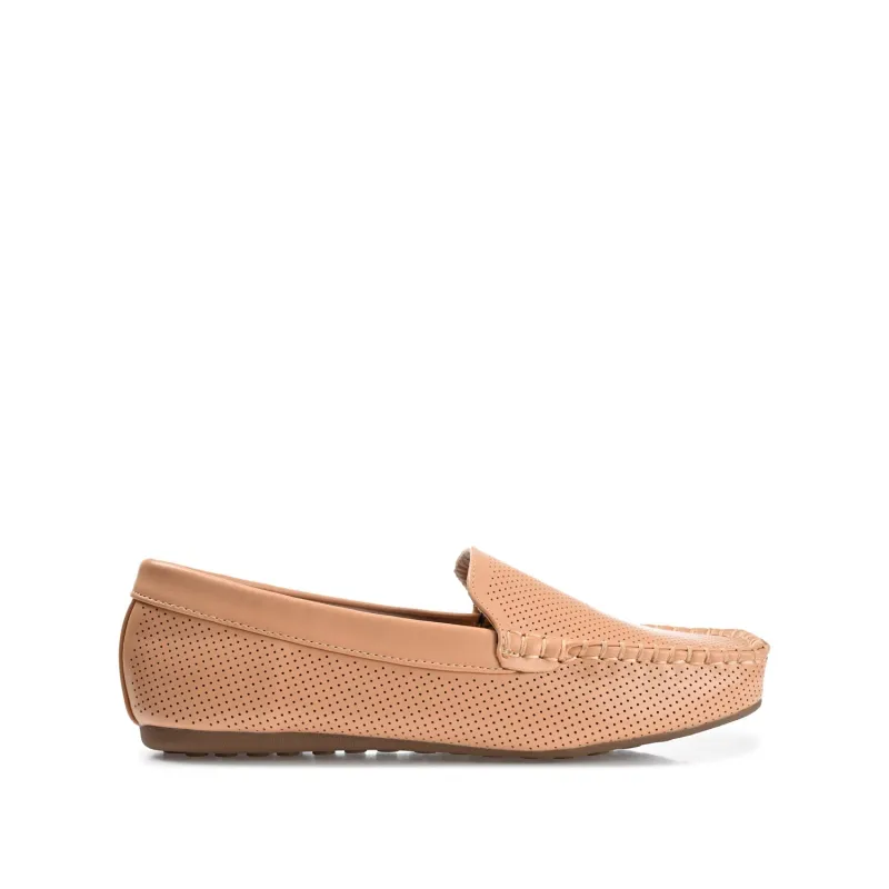 HALSEY MOC TOE LOAFER FLATS IN FAUX SUEDE - Cognac sold by Journee Collection