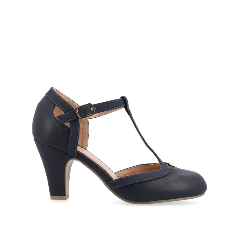 OLINA T-STRAP PUMP HEELS IN WIDE - Navy Nubuck sold by Journee Collection