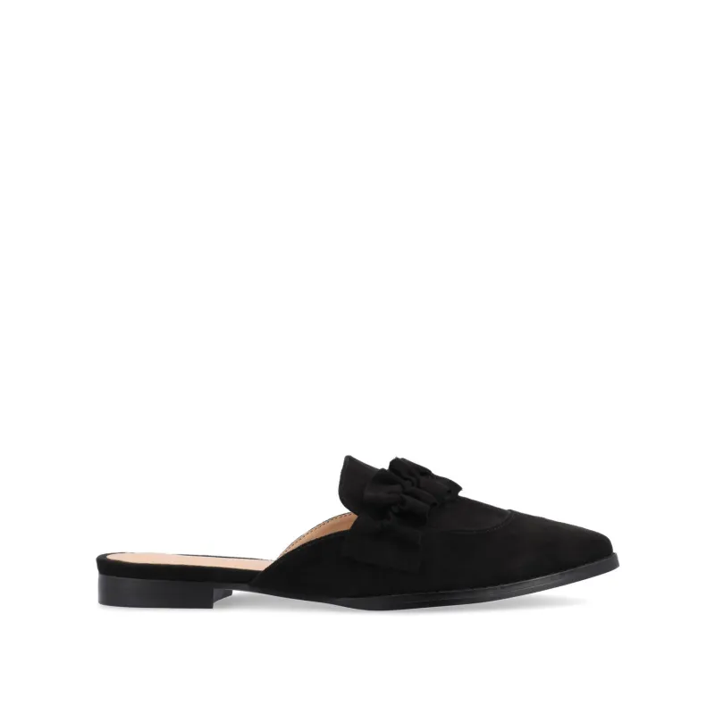 KESSIE RUFFLED MULE FLATS IN FAUX SUEDE - Black sold by Journee Collection