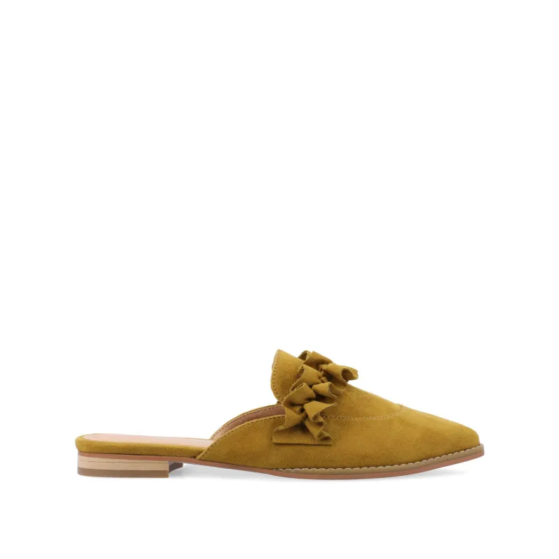KESSIE RUFFLED MULE FLATS IN FAUX SUEDE - Chartreuse Faux sold by Journee Collection