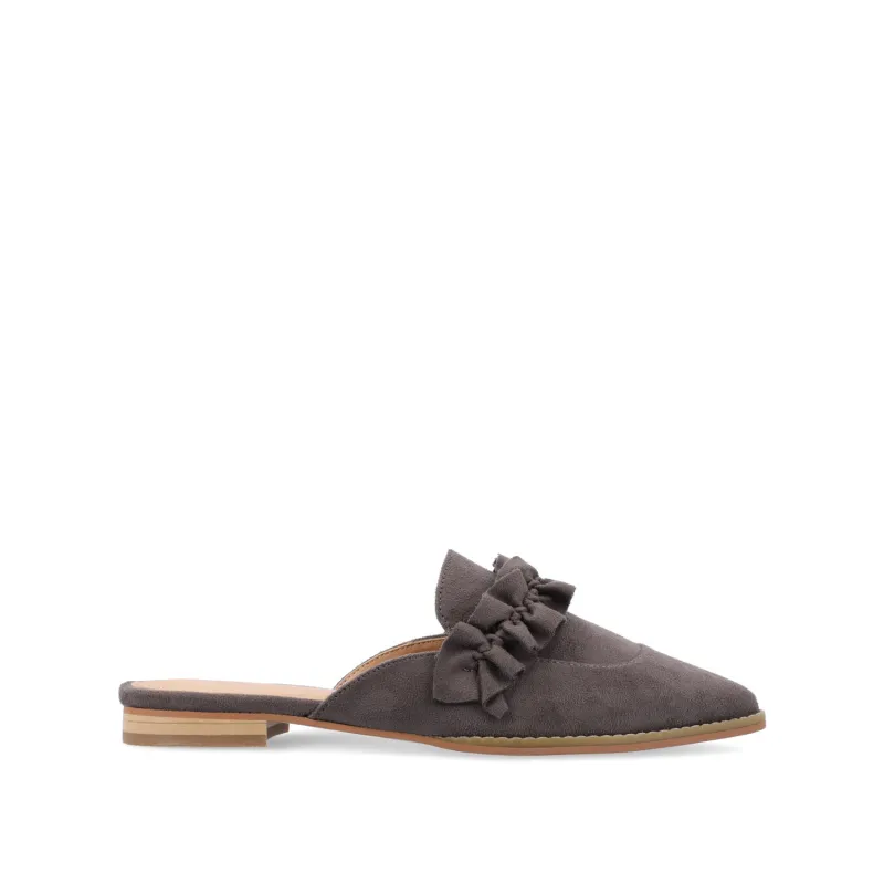 KESSIE RUFFLED MULE FLATS IN FAUX SUEDE - Grey sold by Journee Collection