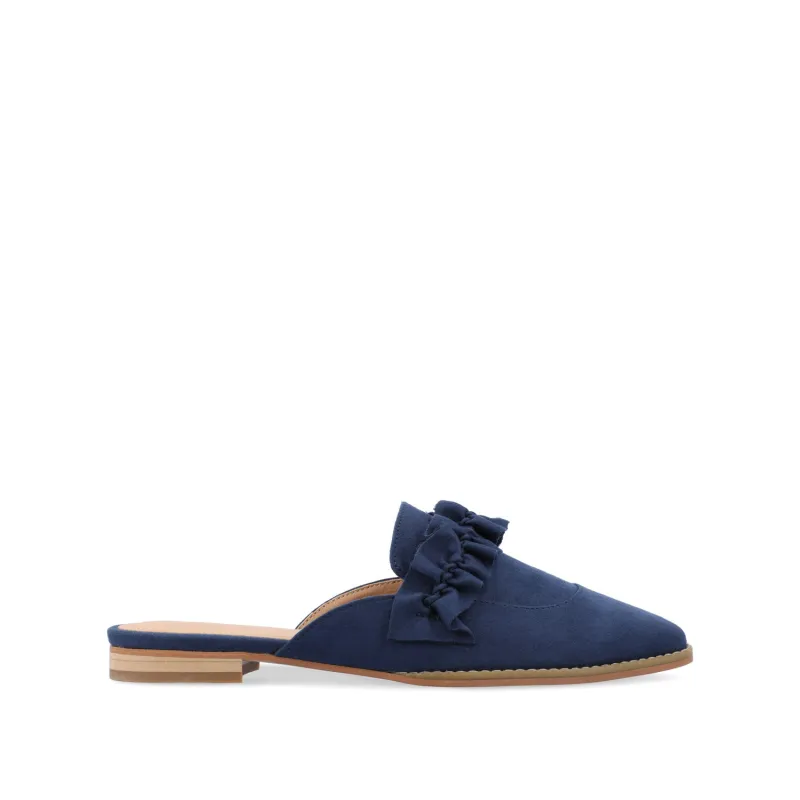 KESSIE RUFFLED MULE FLATS IN FAUX SUEDE - Blue sold by Journee Collection