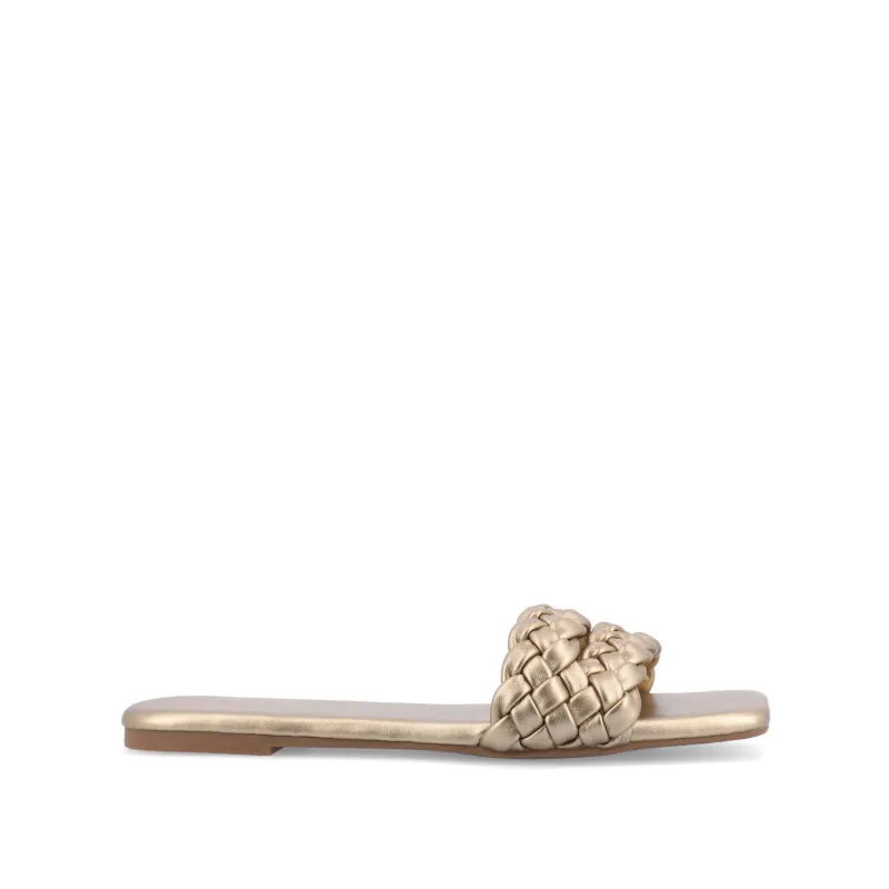 SAWYERR STATEMENT SLIDE SANDALS IN WIDE - Gold sold by Journee Collection