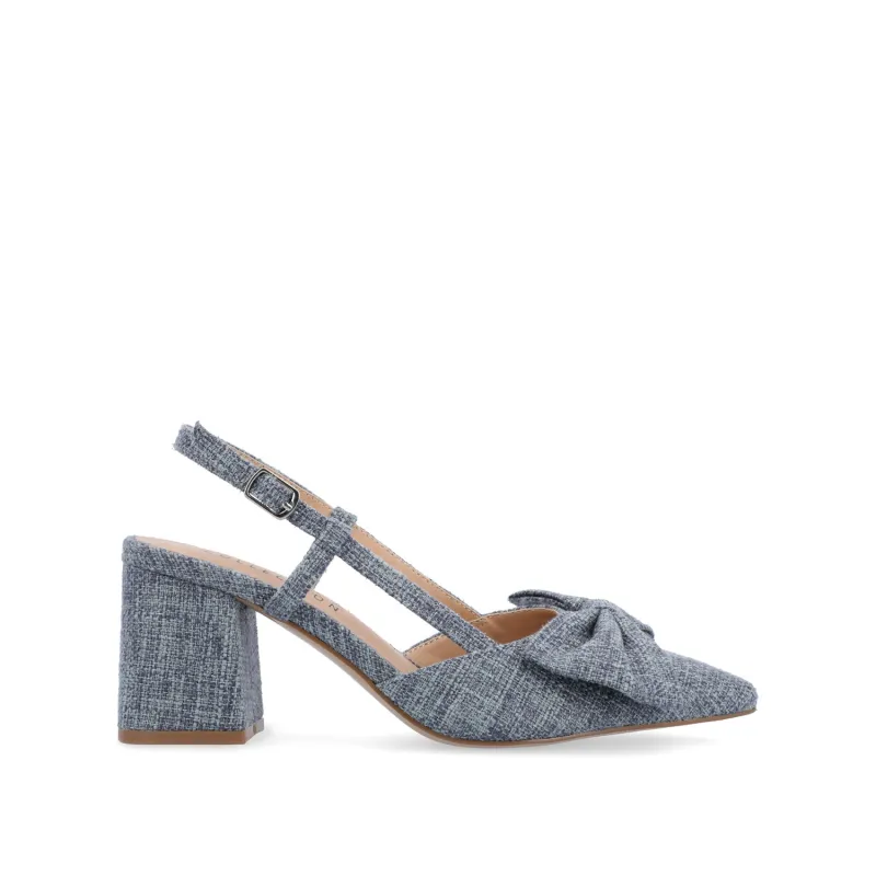 TAILYNN SLINGBACK BLOCK HEELS IN FABRIC - Denim Blue Chambray made by Journee Collection