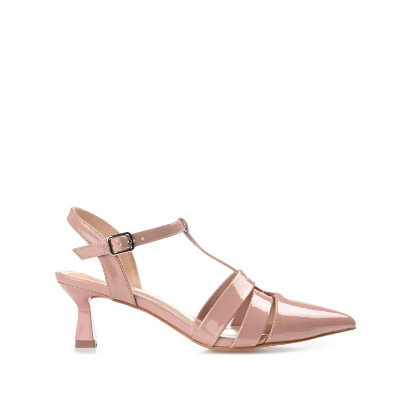 JAZLYNN T-STRAP KITTEN HEELS IN PATENT - Blush made by Journee Collection