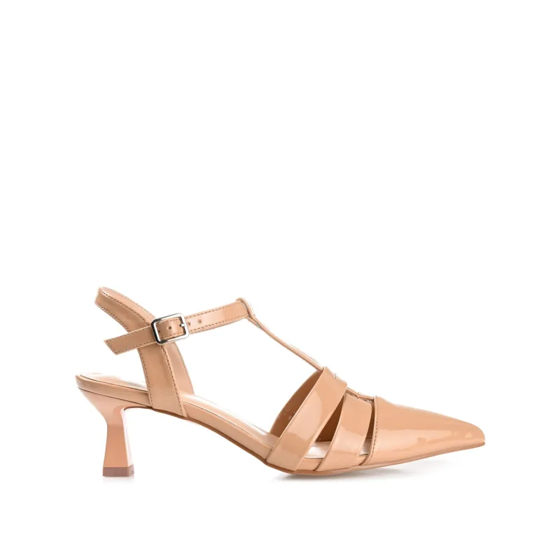 JAZLYNN T-STRAP KITTEN HEELS IN PATENT - Tan made by Journee Collection