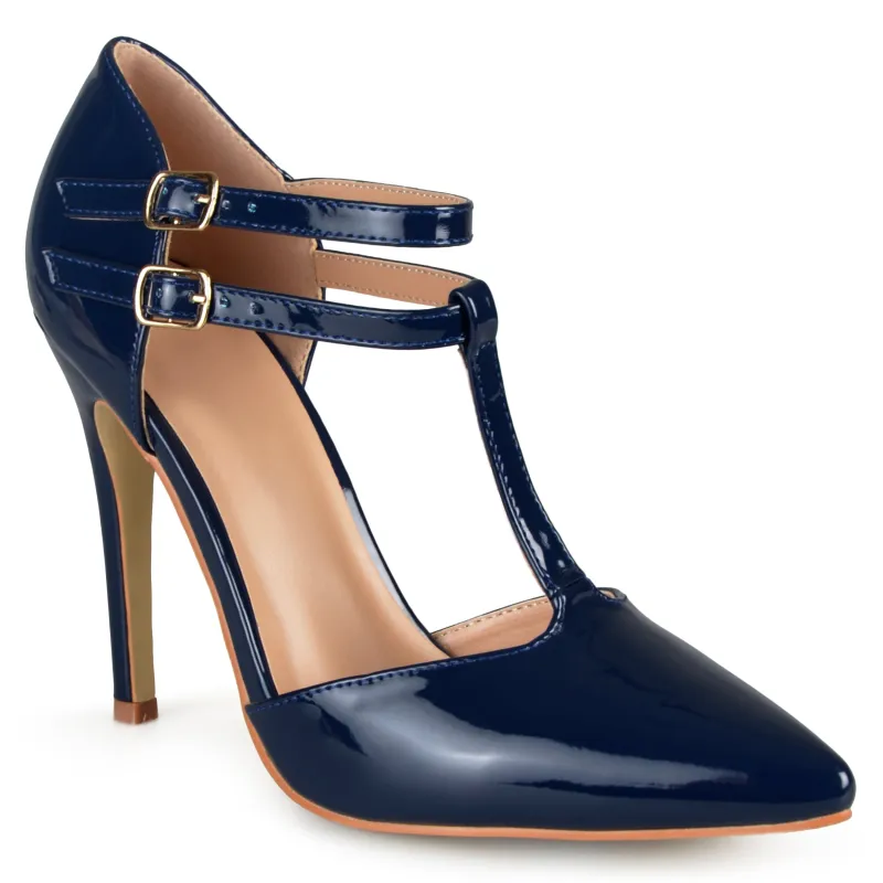 TRU T-STRAP STILETTO PUMP HEELS IN WIDE - Navy Nubuck sold by Journee Collection