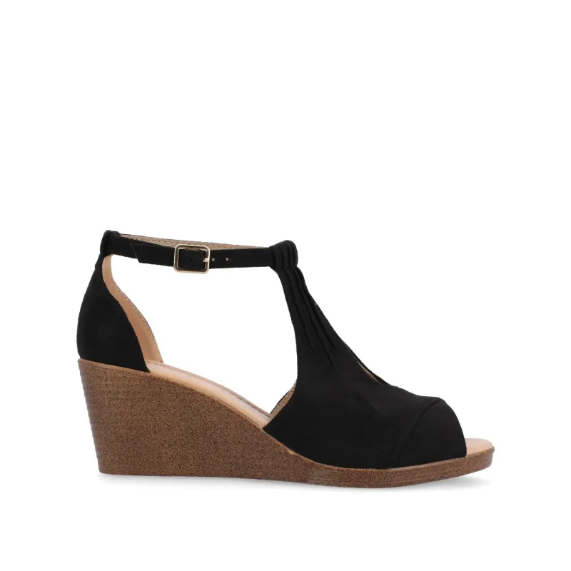 KEDZIE WEDGE HEELED SANDALS IN WIDE - Black Faux Suede sold by Journee Collection