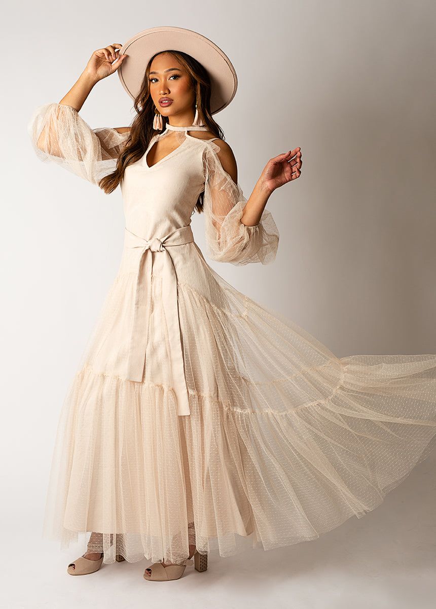 Malani Dress in Sand sold by Joyfolie