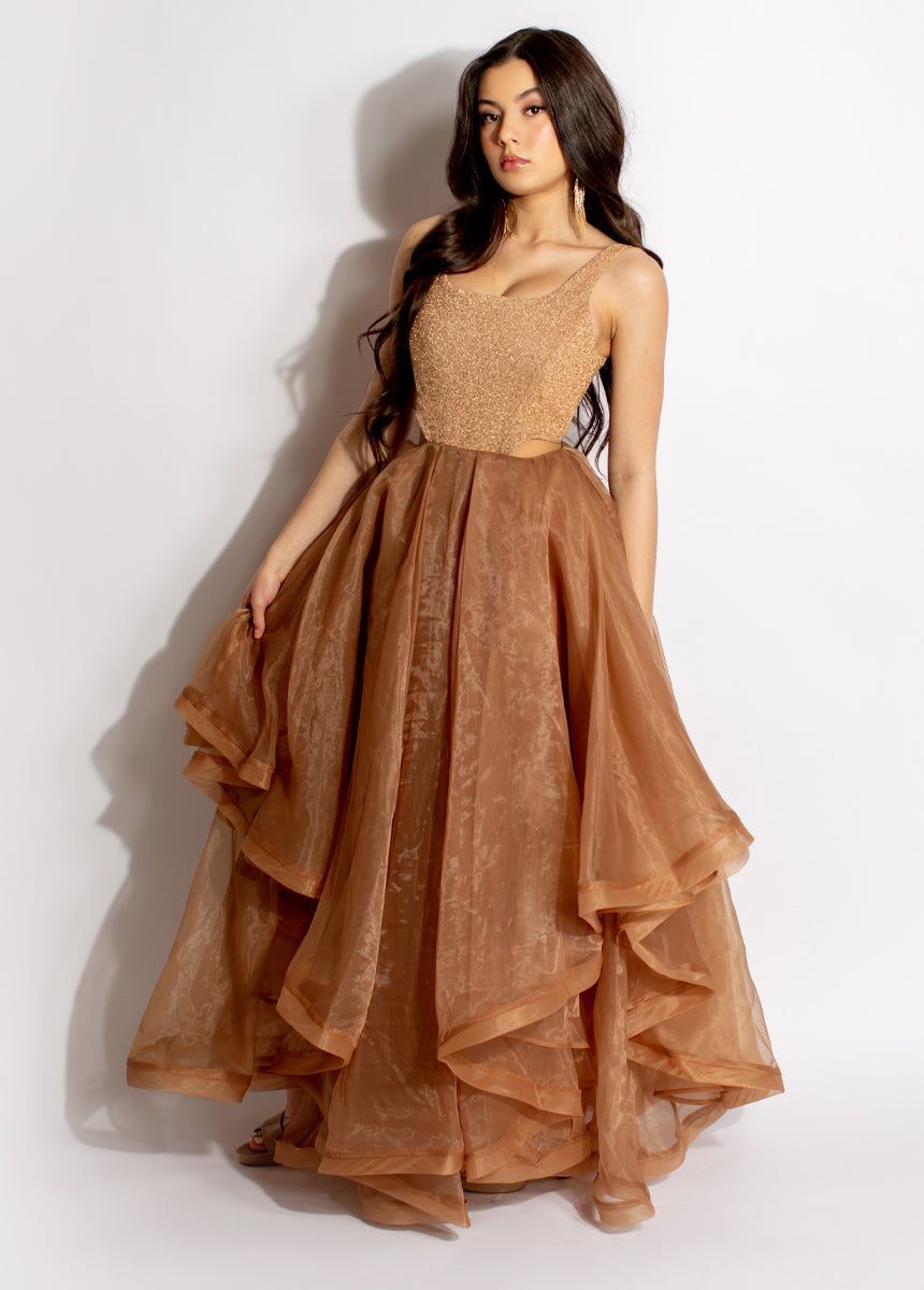 Kaya Dress in Textured Gold sold by Joyfolie