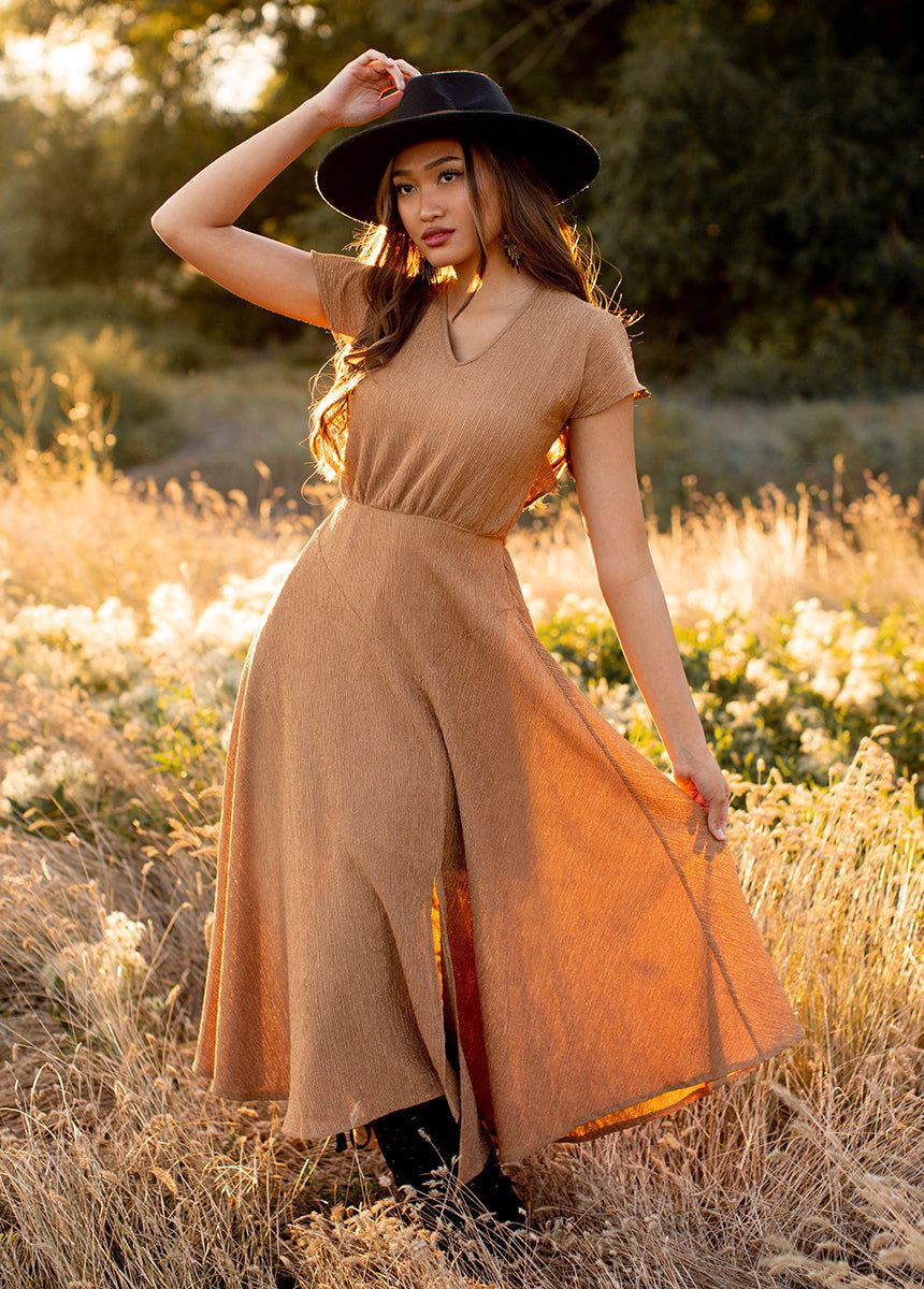 Jessah Dress in Warm Camel sold by Joyfolie