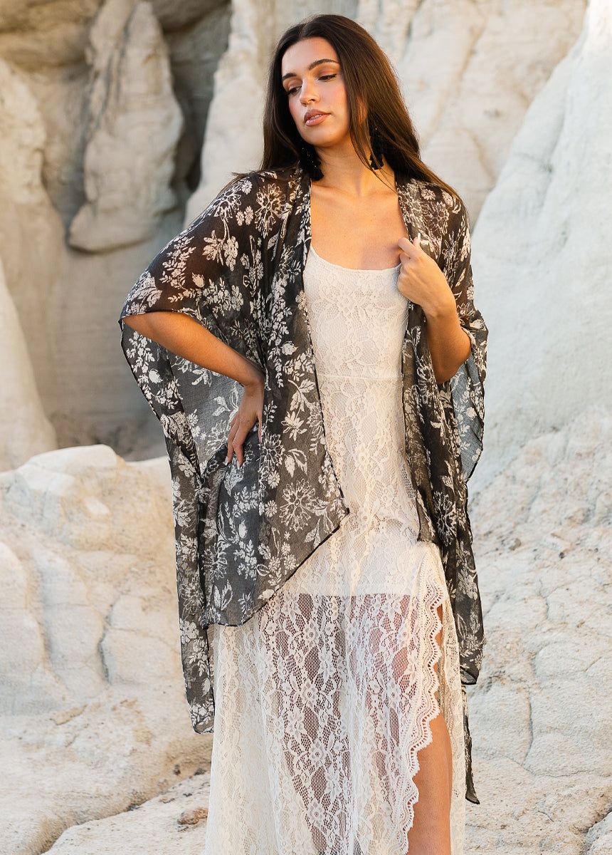 Women's Avalon Duster in Black Block Print sold by Joyfolie