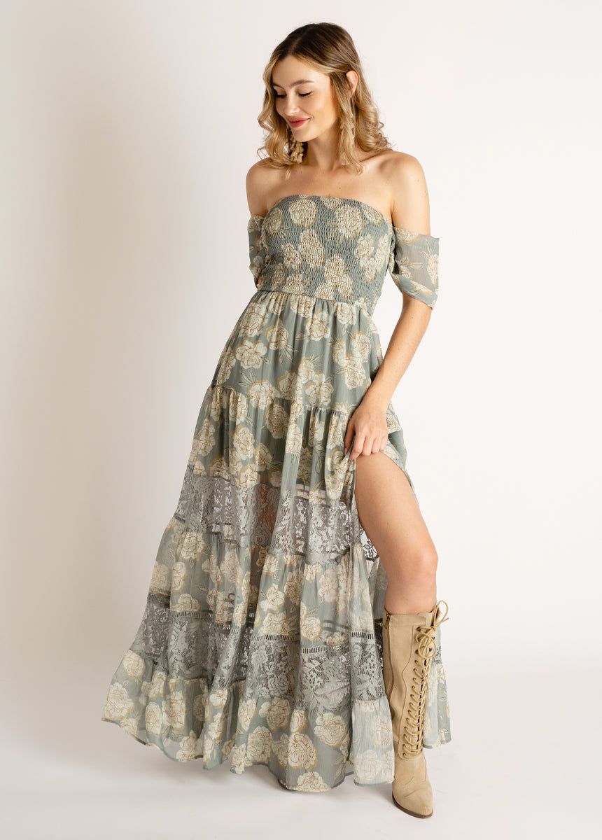 Sirena Dress in Neutral Green Floral sold by Joyfolie