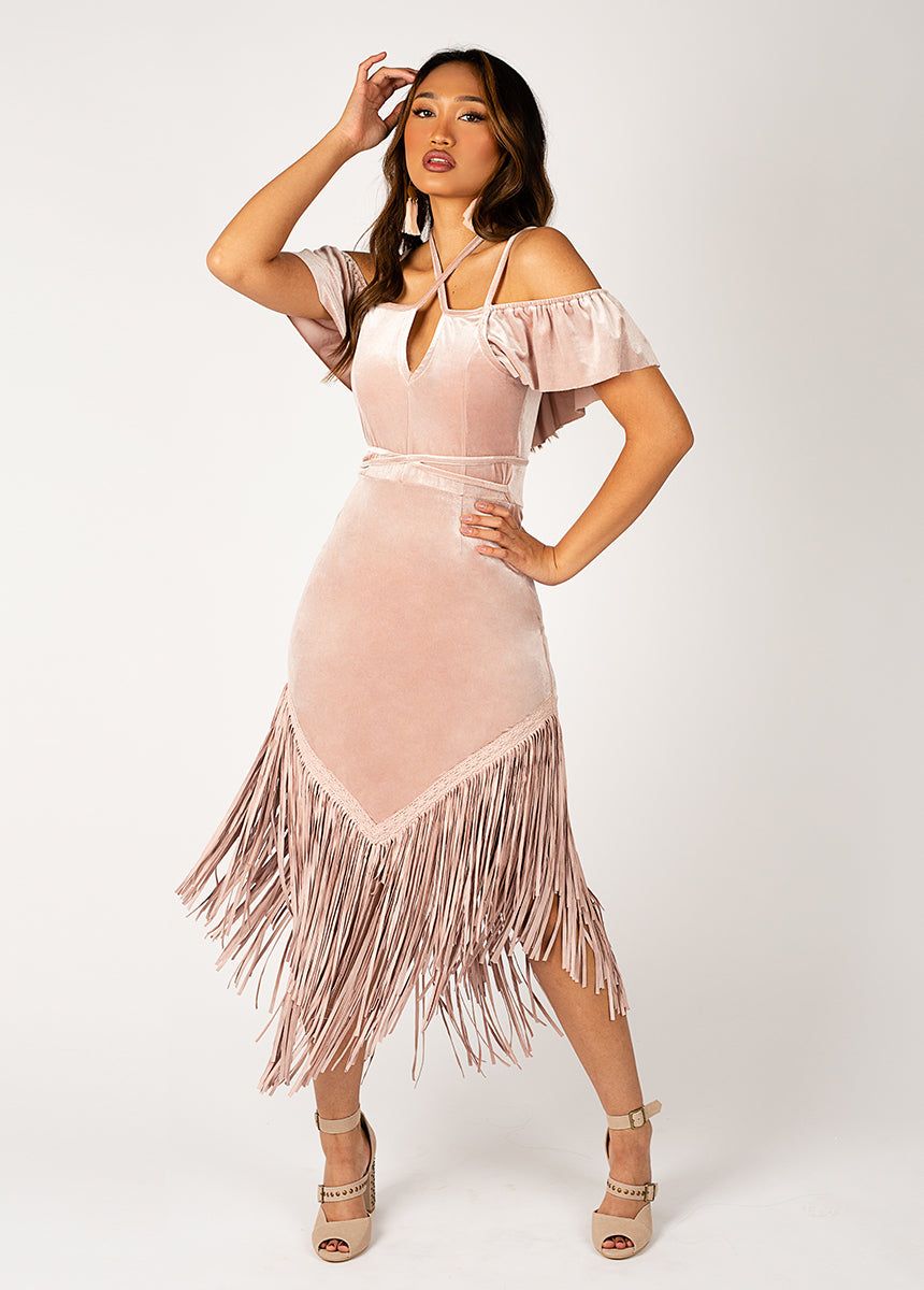 Klara Fringe Dress in Nude Pink sold by Joyfolie