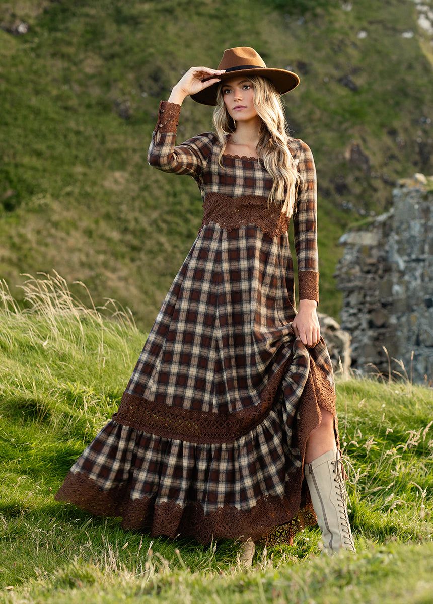 Roisin Dress in Cinnamon Tartan sold by Joyfolie