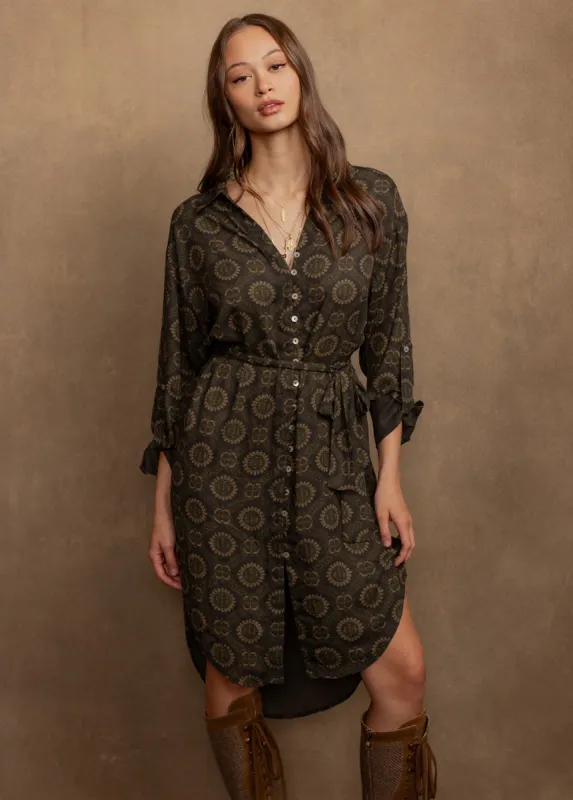 Janine Shirt Dress in Oregano Medallion Print sold by Joyfolie