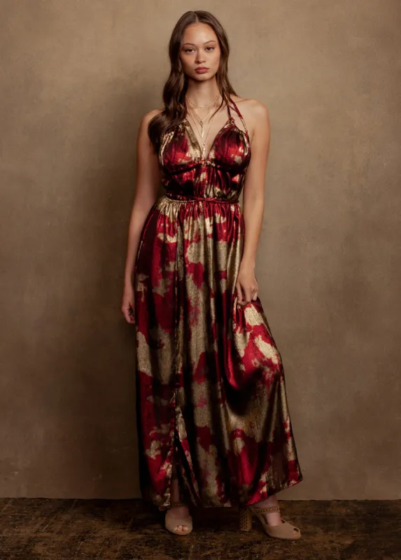 Gail Dress in Gold/Crimson sold by Joyfolie