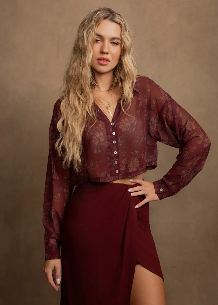 Agnecia Top in Burgundy Floral Print sold by Joyfolie product image thumbnail 2