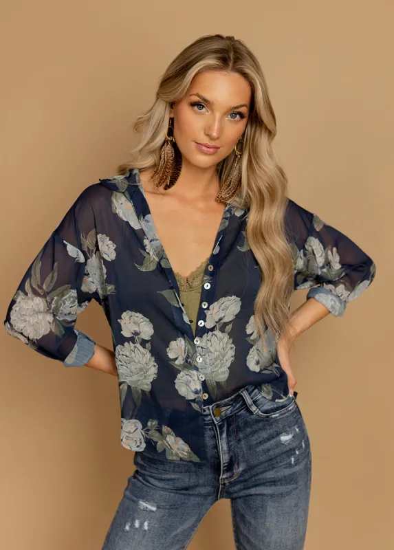 Agnes Top in Large Navy Floral sold by Joyfolie