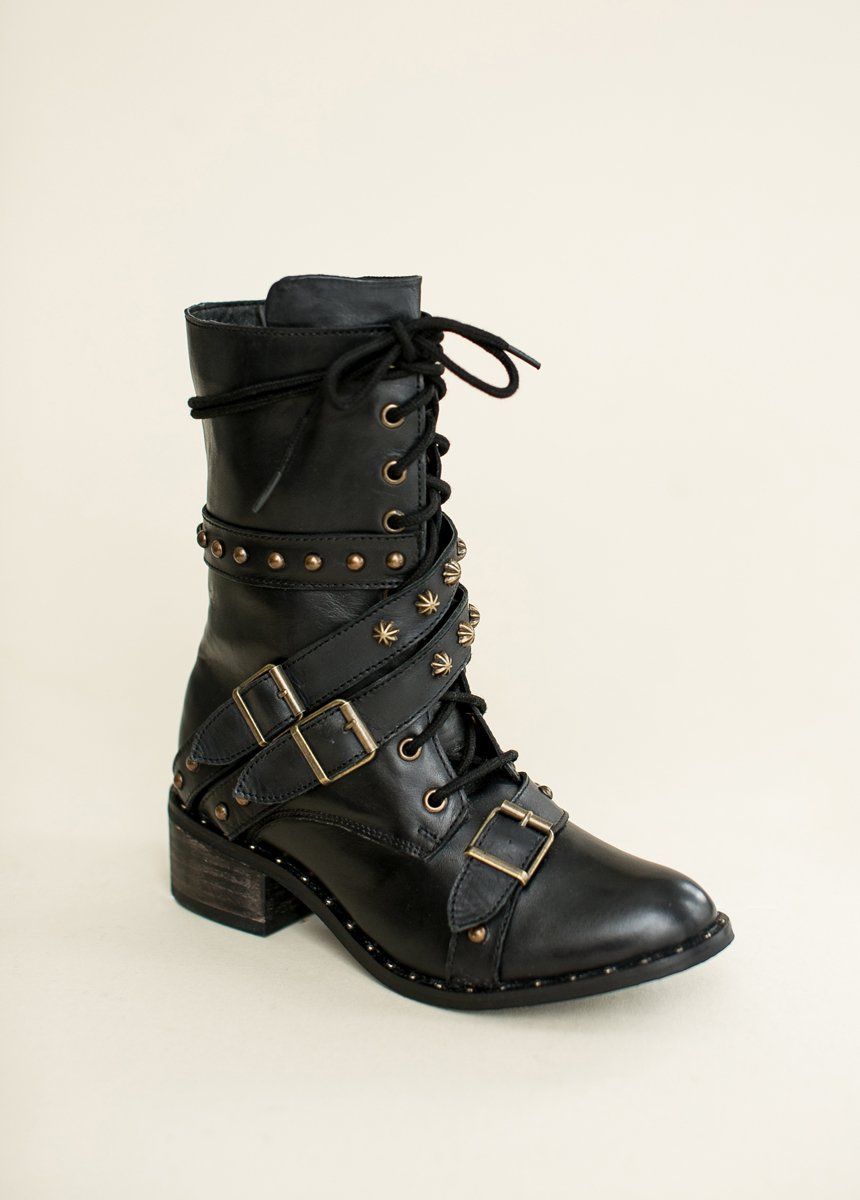 Rowan Leather Combat Boot in Distressed Black sold by Joyfolie