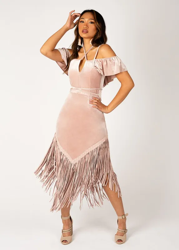 Klara Fringe Dress in Nude Pink sold by Joyfolie