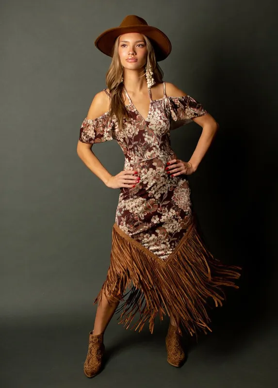 Klara Fringe Dress in Burgundy Floral sold by Joyfolie