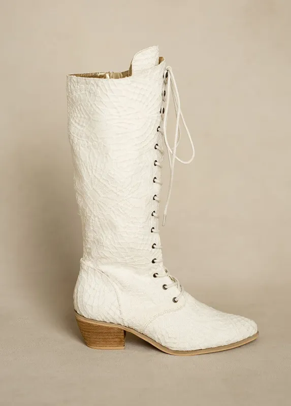 Deliah Tall Boot in Lace Lily Ivory sold by Joyfolie