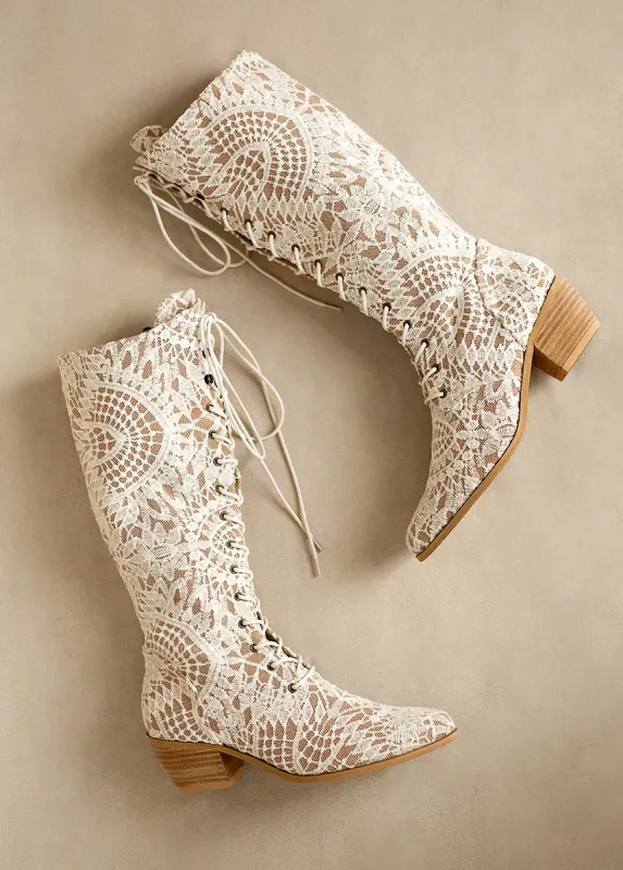 Deliah Tall Boot in Lace Lily Chai sold by Joyfolie