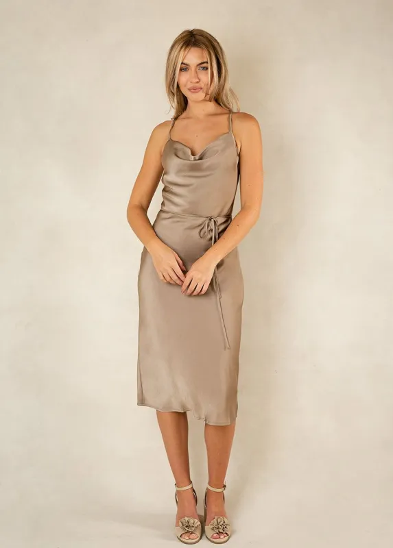 Amanda Bridesmaid Dress in Taupe sold by Joyfolie