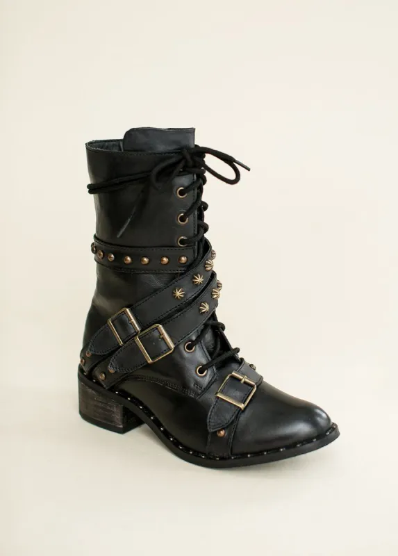 Rowan Leather Combat Boot in Distressed Black sold by Joyfolie
