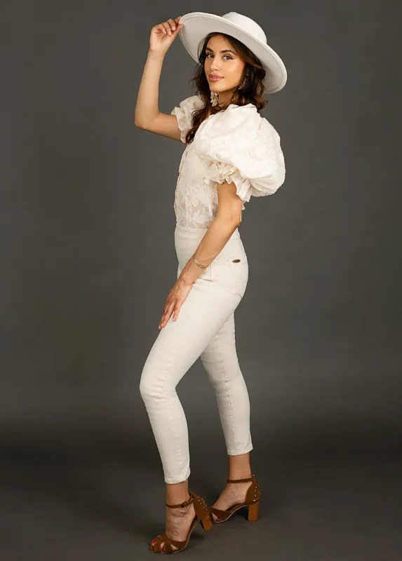 Brytny High-Waisted Denim in Ecru sold by Joyfolie