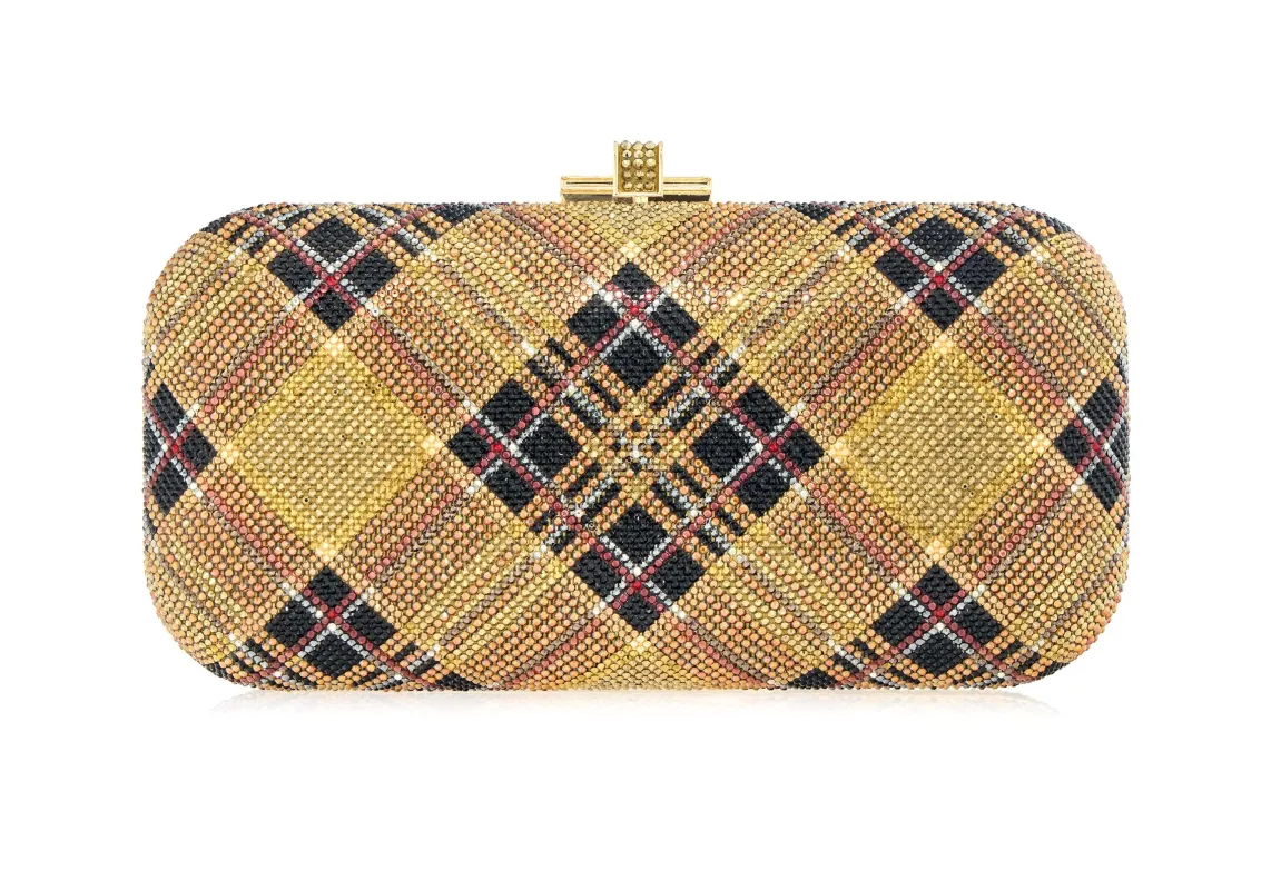 Long Slide Bias Tartan Aurum made by Judith Leiber