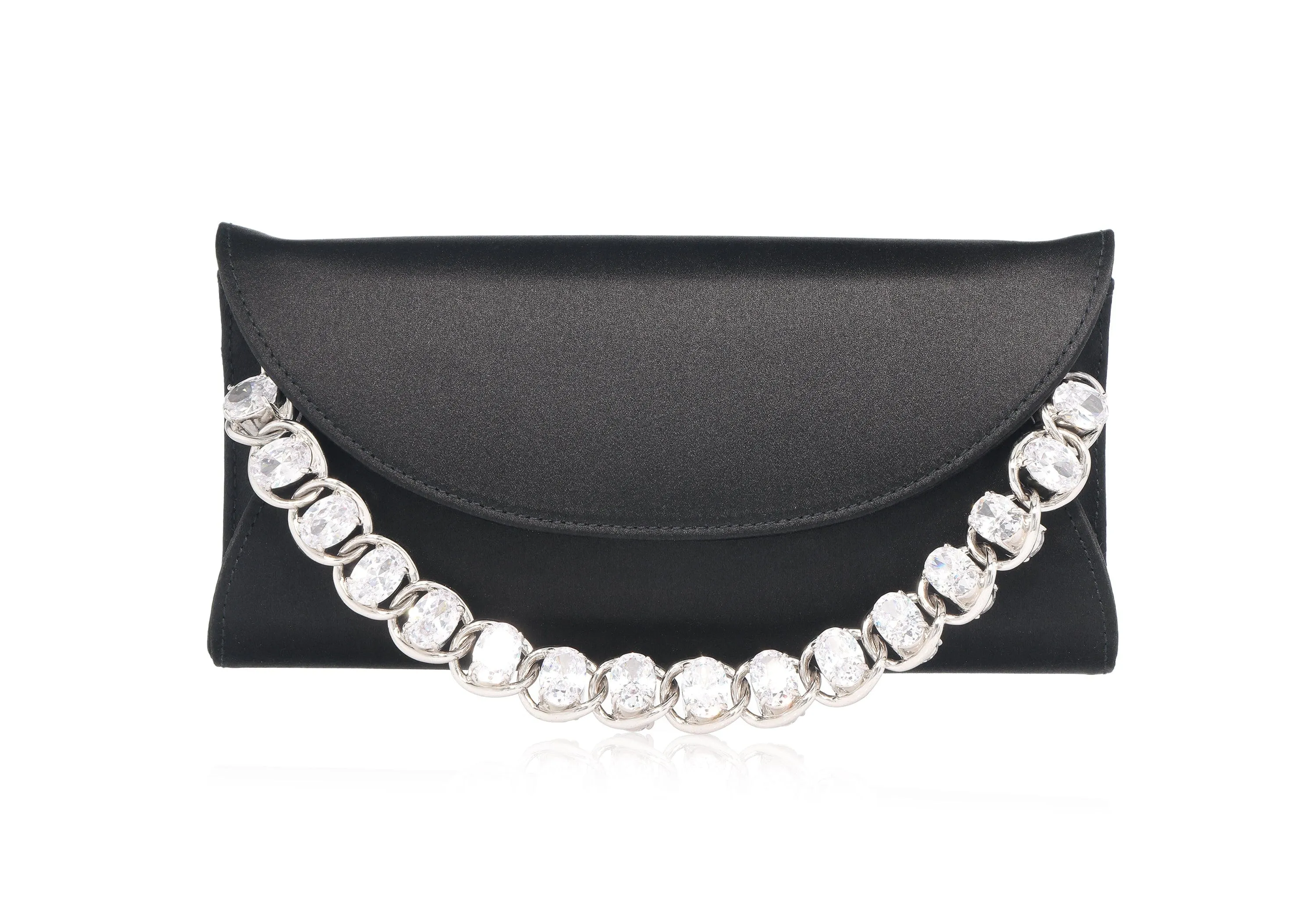 Envelope Taylor Satin Black Silver sold by Judith Leiber