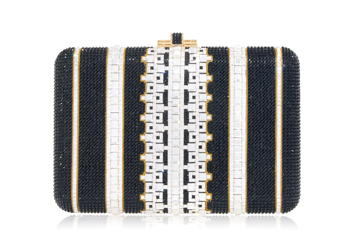 Slim Slide Crystal Lattice Black Clutch sold by Judith Leiber
