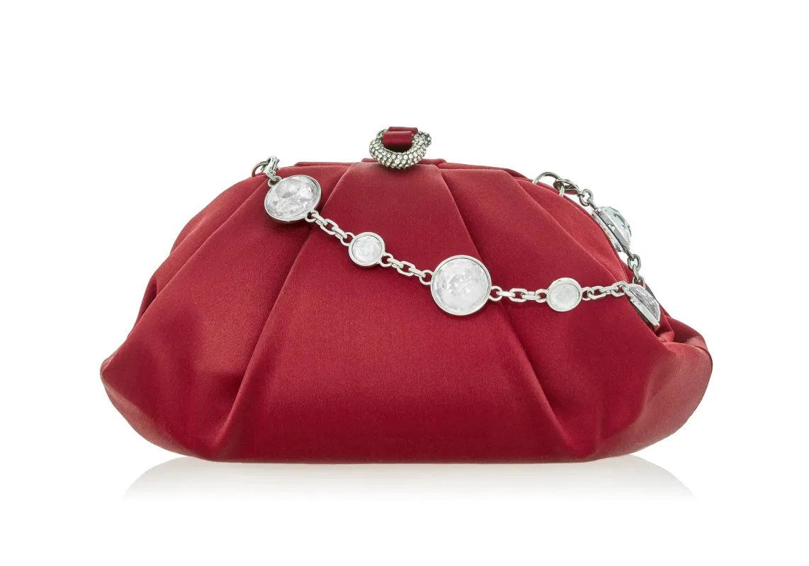 Gemma Satin Crimson sold by Judith Leiber
