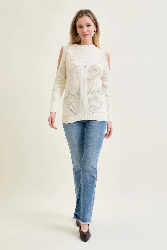 Cold Shoulder Cable Pullover White Sweater sold by Judy Blue