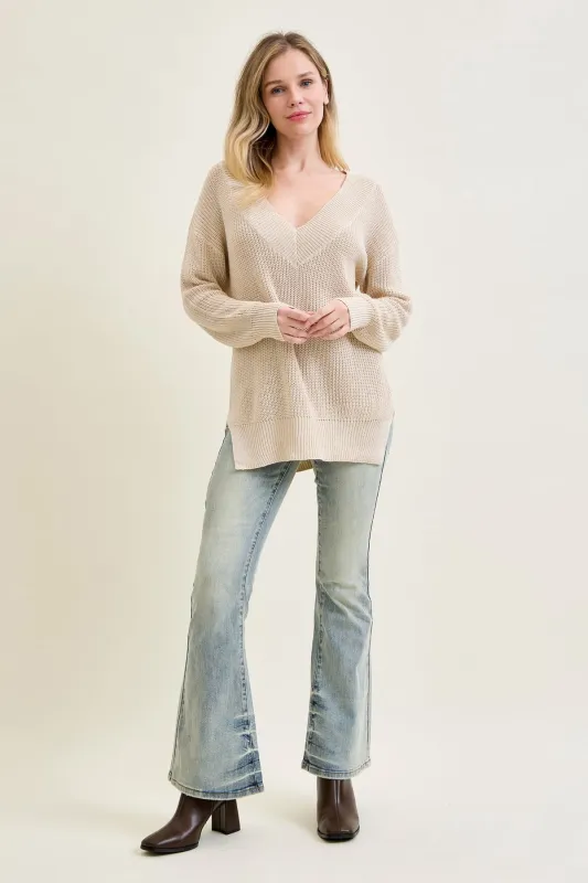 Slouchy V-Neck Off Shoulder Beige Sweater sold by Judy Blue
