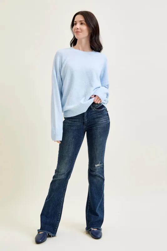 Amanda Mid Rise Flare Jeans with Distressed Knee & Frayed Hem made by Judy Blue