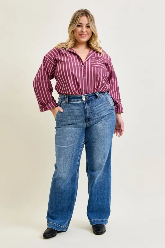 Clementine High Rise Double Button Wide Leg Denim Jeans - PLUS sold by Judy Blue