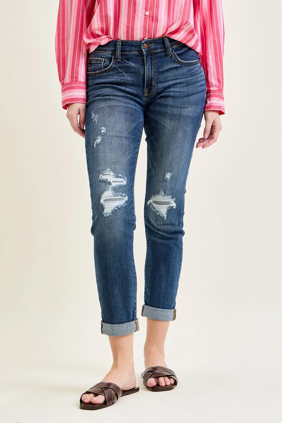 Aubree Mid Rise Distressed Boyfriend with Cuffed Hem sold by Judy Blue product image thumbnail 5