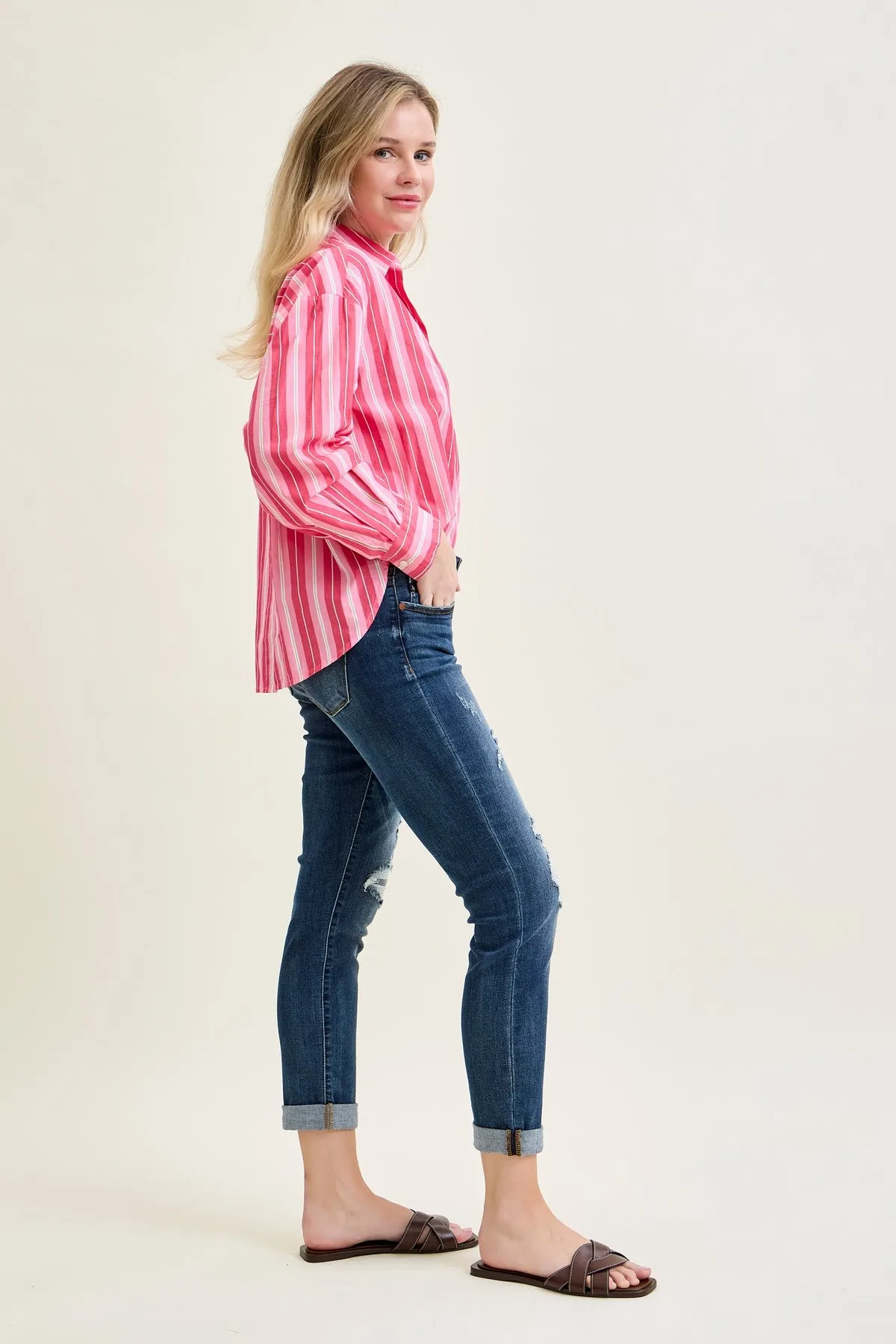 Aubree Mid Rise Distressed Boyfriend with Cuffed Hem sold by Judy Blue product image thumbnail 2