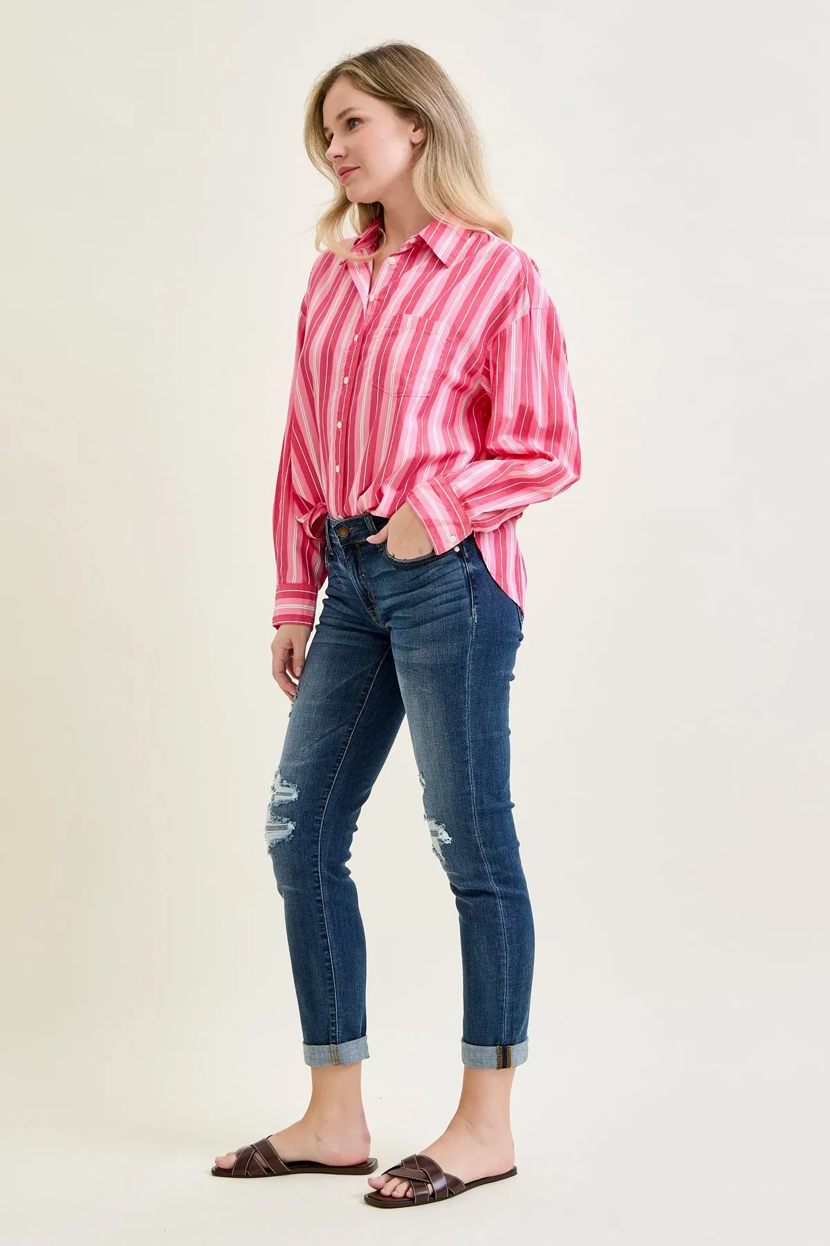 Aubree Mid Rise Distressed Boyfriend with Cuffed Hem sold by Judy Blue product image thumbnail 4