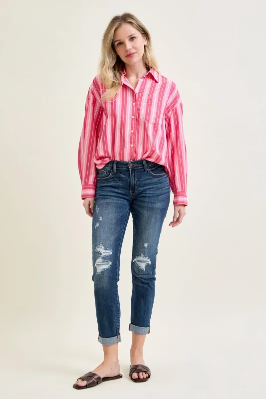Aubree Mid Rise Distressed Boyfriend with Cuffed Hem made by Judy Blue